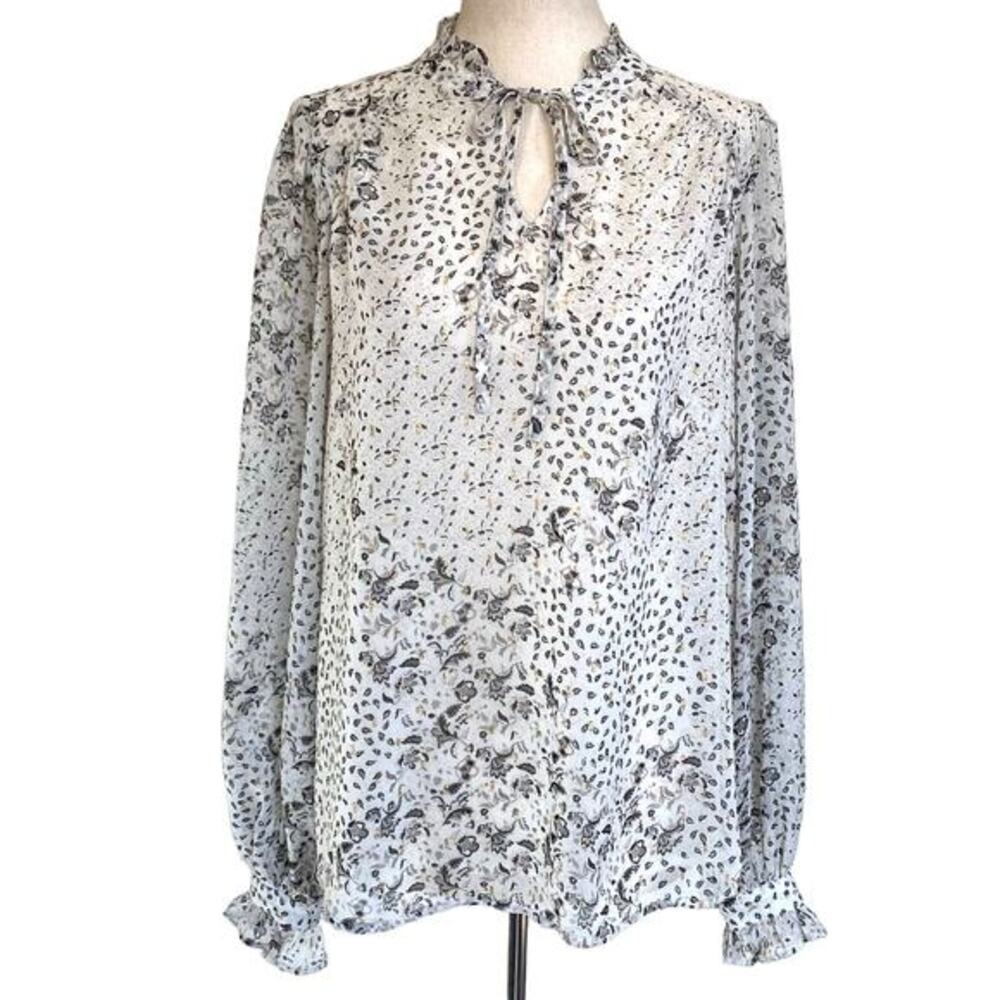 Joie White Floral Paisley Silk-Look Blouse Ruffle Tie‎ Neck Gold Accents Small